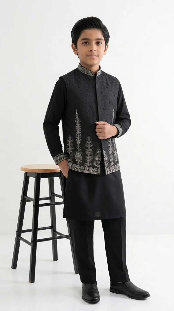 Boys Black Embroidered Waistcoat Premium 3 Piece Traditional Outfit - Image 2