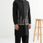 Boys Black Embroidered Waistcoat with Black Kurta Pajama