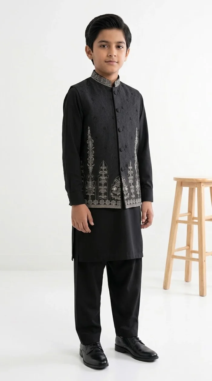 Boys Black Embroidered Waistcoat with Black Kurta Pajama