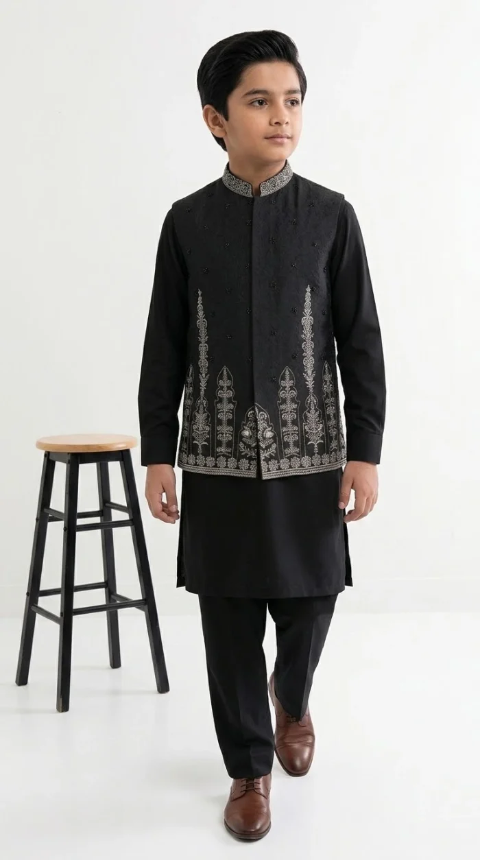 Boys Black Embroidered Waistcoat Premium 3 Piece Traditional Outfit - Image 3