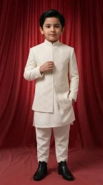 Boys Prince Coat Stunning Off White Embroidered Wedding Outfit - Image 3