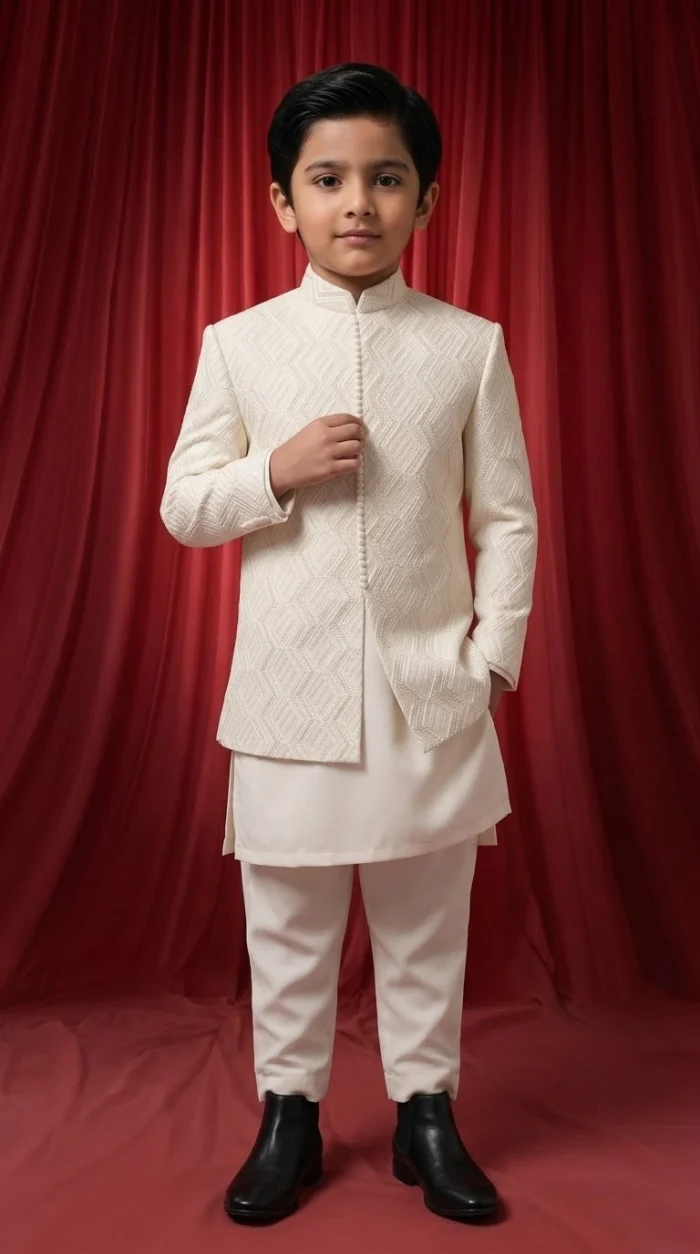 Boys Prince Coat Stunning Off White Embroidered Wedding Outfit - Image 3