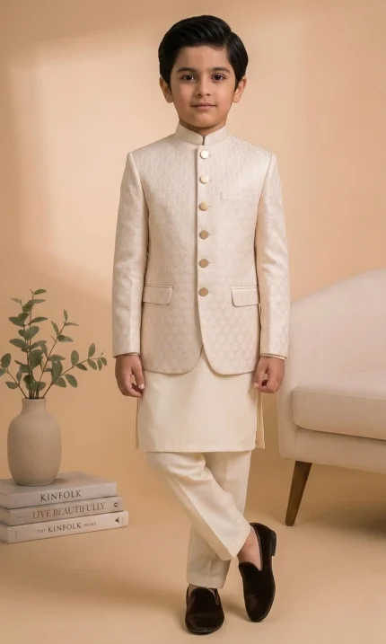 Boys Off White Prince Coat for Wedding and Eid