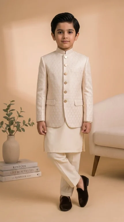 Boys Off White Prince Coat for Wedding and Eid