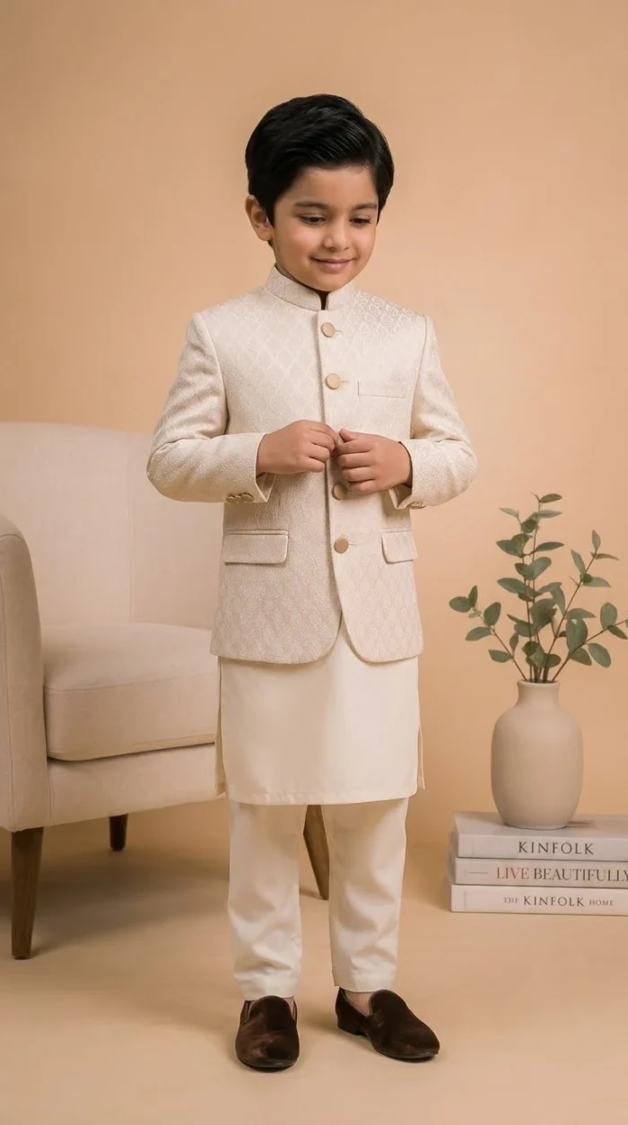 Boys Off White Prince Coat Premium Elegant Wedding Outfit - Image 3