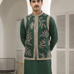 Premium Bottle Green Raw Silk Resham Work Waistcoat for Men
