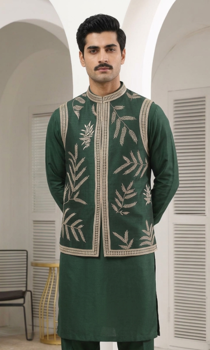 Premium Bottle Green Raw Silk Resham Work Waistcoat for Men