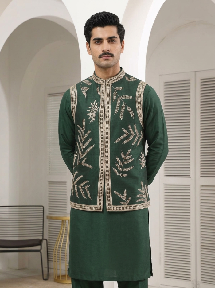 Premium Bottle Green Raw Silk Resham Work Waistcoat for Men