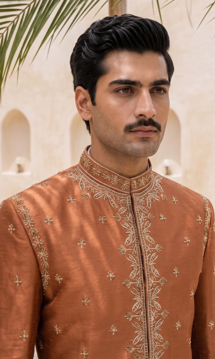 Rust Copper Raw Silk Prince Coat with Hand Resham Embroidery and Hand Embellishment