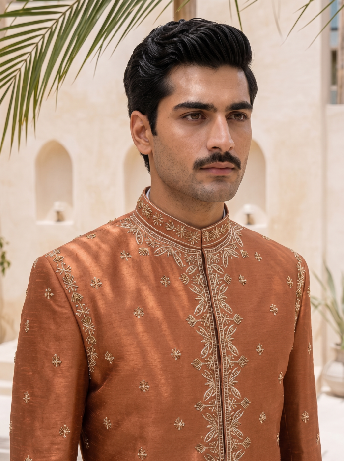 Rust Copper Raw Silk Prince Coat with Hand Resham Embroidery and Hand Embellishment