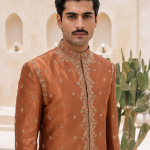 Rust Copper Raw Silk Prince Coat with Hand Resham Embroidery and Hand Embellishment