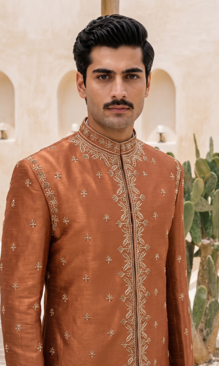 Rust Copper Raw Silk Prince Coat with Hand Resham Embroidery and Hand Embellishment