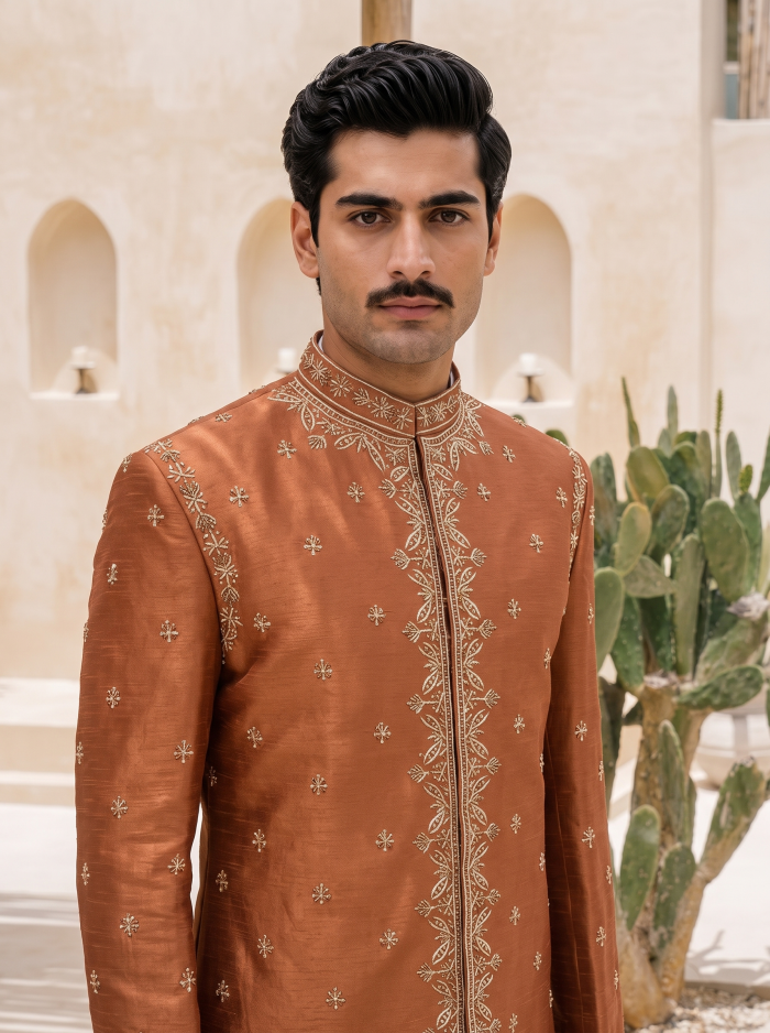 Premium Rust Copper Raw Silk Prince Coat with Hand Resham Embroidery Rust Copper Raw Silk Prince Coat with Hand Resham Embroidery and Hand Embellishment