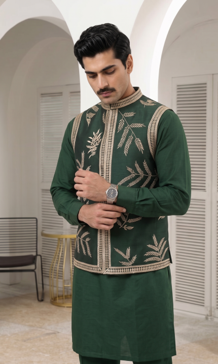 Premium Bottle Green Raw Silk Resham Work Waistcoat for Men