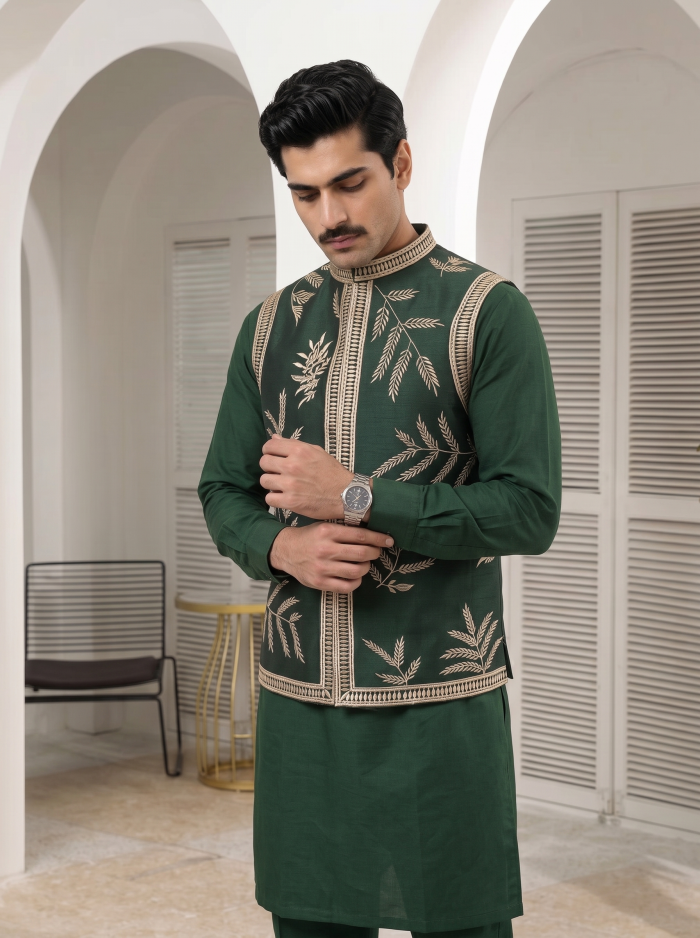 Premium Bottle Green Raw Silk Resham Work Waistcoat for Men