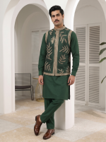 Stunning Bottle Green Raw Silk Resham Work Waistcoat for Men - Image 4