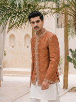 Stunning Rust Copper Raw Silk Prince Coat with Hand Resham Embroidery - Image 5