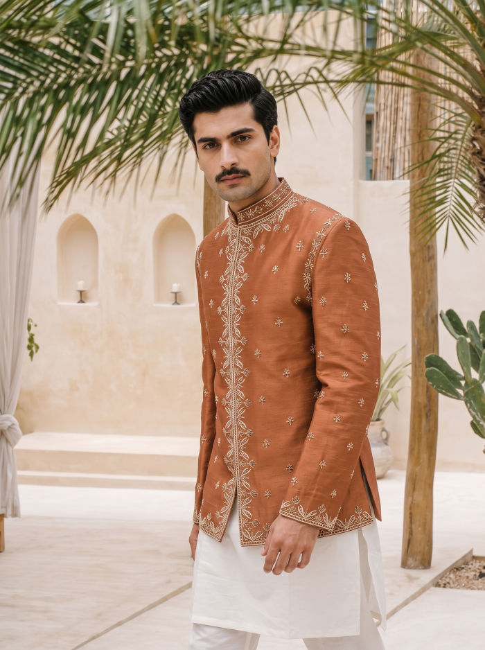 Stunning Rust Copper Raw Silk Prince Coat with Hand Resham Embroidery - Image 5