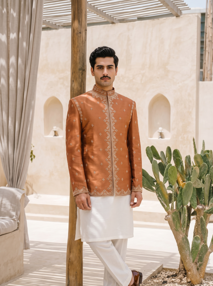 Stunning Rust Copper Raw Silk Prince Coat with Hand Resham Embroidery - Image 4