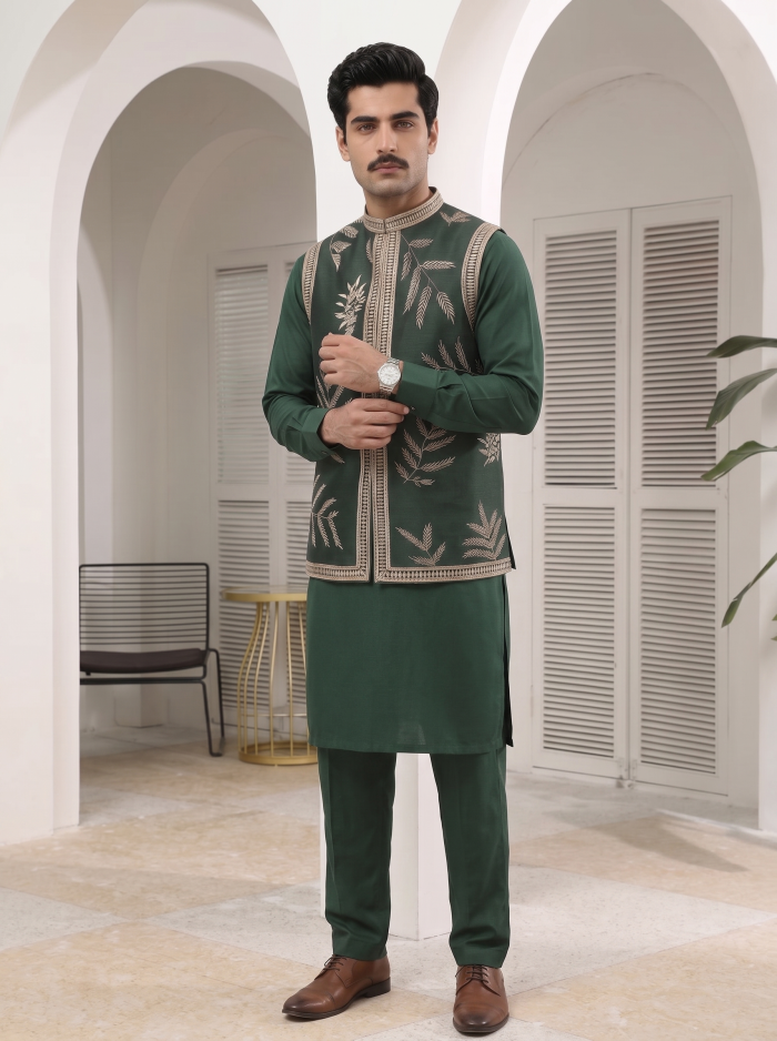 Stunning Bottle Green Raw Silk Resham Work Waistcoat for Men - Image 3