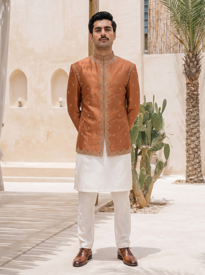 Stunning Rust Copper Raw Silk Prince Coat with Hand Resham Embroidery - Image 3