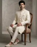 Elevate your wedding style with this luxurious ivory silk-based sherwani, designed with exquisite digital thread work embroidery.